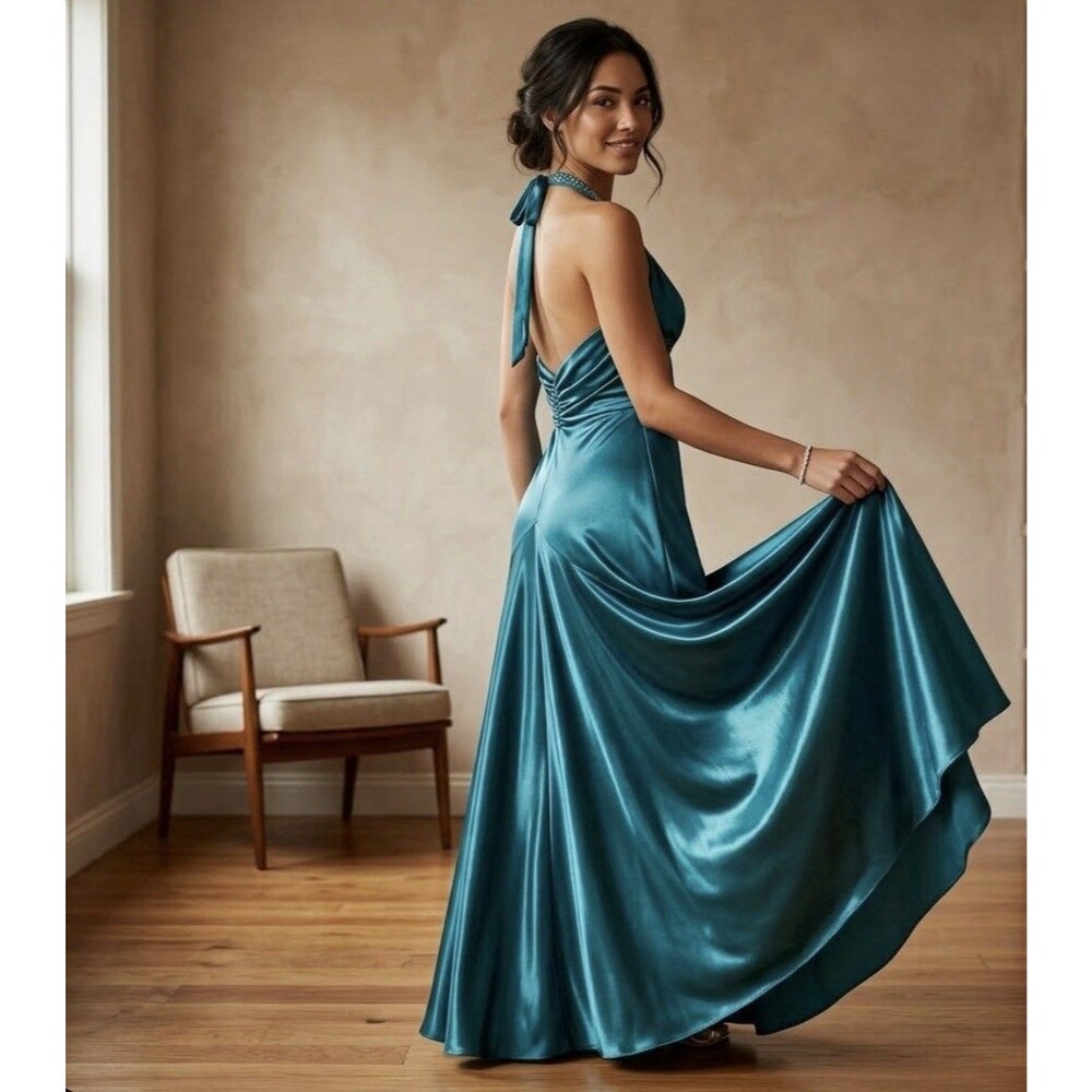 Long Gown Teal Satin Formal Dress with Beaded Halter Neck Old Hollywood Style